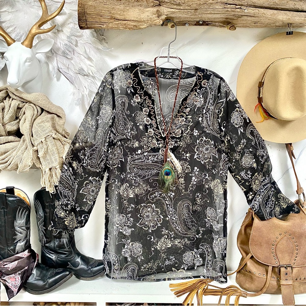 Semi sheer boho blouse w sequined /beaded detailing paisley Gypsy western vibe